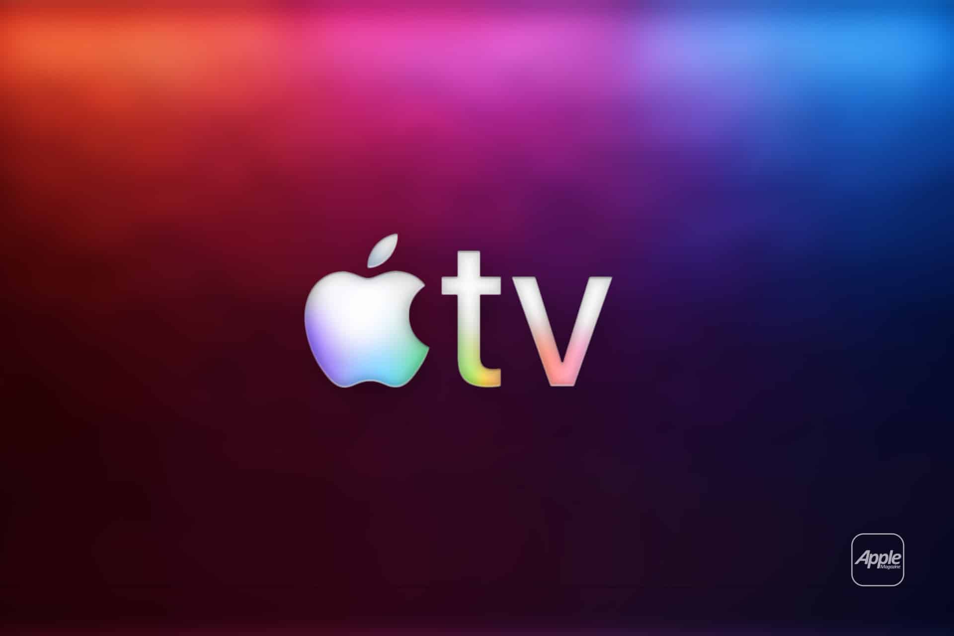 Apple TV logo with a glowing apple icon and the letters "tv" on a vibrant gradient background, shifting from orange to purple and blue—reflecting the dynamic spirit of Apple TV competition. The small Apple logo appears in the bottom right corner.