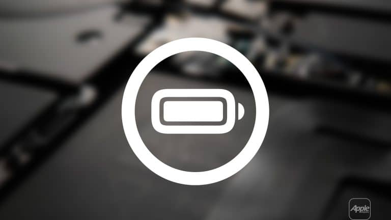 A white battery icon inside a circle is centered over a blurred close-up of electronic components, subtly highlighting Apple battery innovation, with a faint Apple logo in the lower right corner.