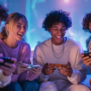 Four young adults sit together, smiling and laughing while playing video games on handheld consoles in a cozy, neon-lit room—a relaxed hangout where digital hobbyists bond and social currency in gaming is at its peak.