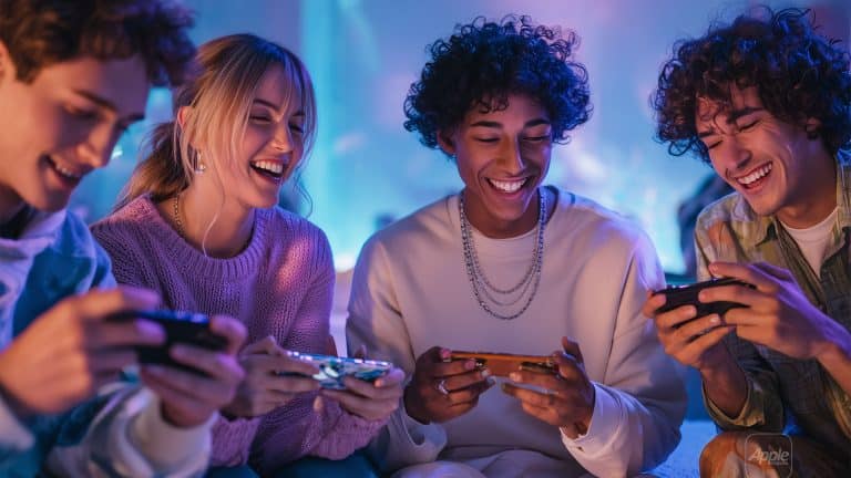 Four young adults sit together, smiling and laughing while playing video games on handheld consoles in a cozy, neon-lit room—a relaxed hangout where digital hobbyists bond and social currency in gaming is at its peak.