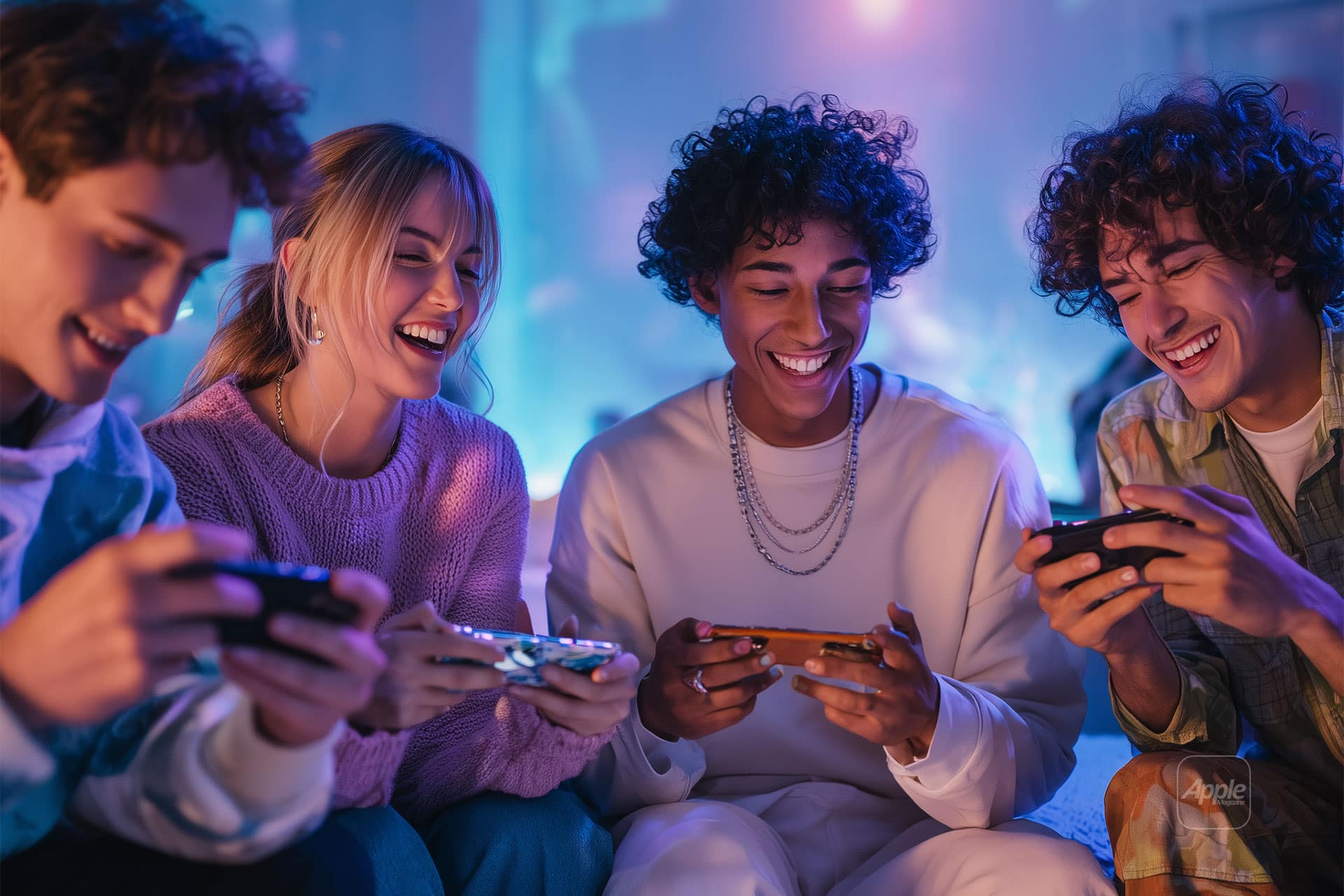 Four young adults sit together, smiling and laughing while playing video games on handheld consoles in a cozy, neon-lit room—a relaxed hangout where digital hobbyists bond and social currency in gaming is at its peak.