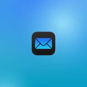 A black square icon with a blue envelope symbol in the center, set against a gradient blue background. The word "Apple" appears in a rounded rectangle at the bottom right, highlighting iCloud custom email integration.