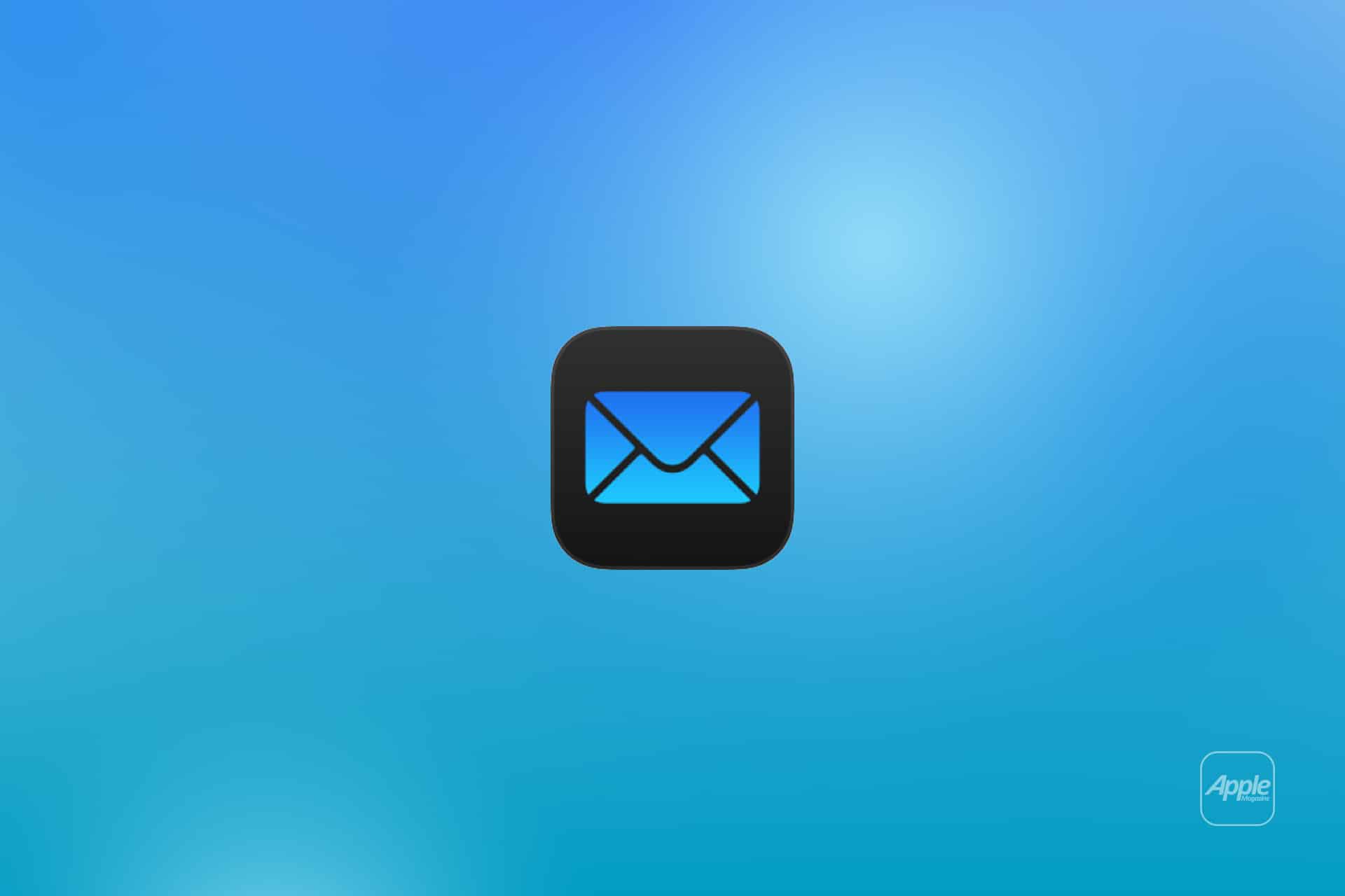 A black square icon with a blue envelope symbol in the center, set against a gradient blue background. The word "Apple" appears in a rounded rectangle at the bottom right, highlighting iCloud custom email integration.
