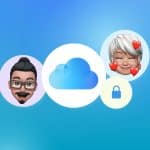 A blue iCloud logo is centered on a gradient blue background, surrounded by cartoon avatars, a padlock icon, and an Apple logo in the corner, representing iCloud shared password security and seamless communication.