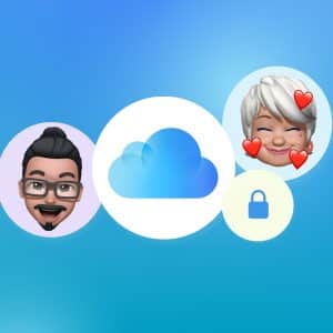 A blue iCloud logo is centered on a gradient blue background, surrounded by cartoon avatars, a padlock icon, and an Apple logo in the corner, representing iCloud shared password security and seamless communication.