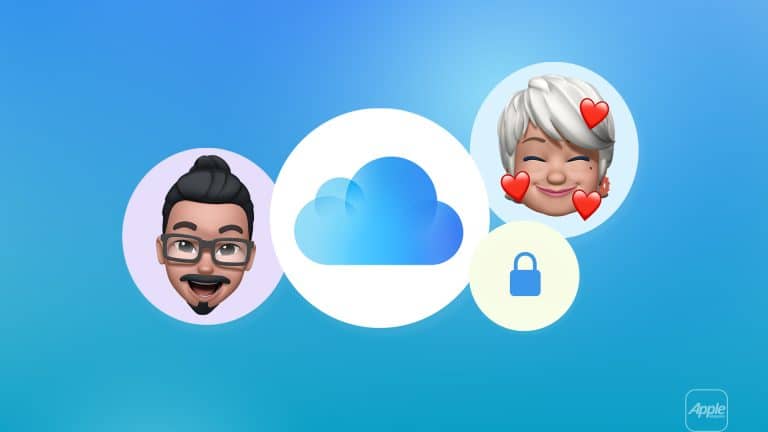 A blue iCloud logo is centered on a gradient blue background, surrounded by cartoon avatars, a padlock icon, and an Apple logo in the corner, representing iCloud shared password security and seamless communication.