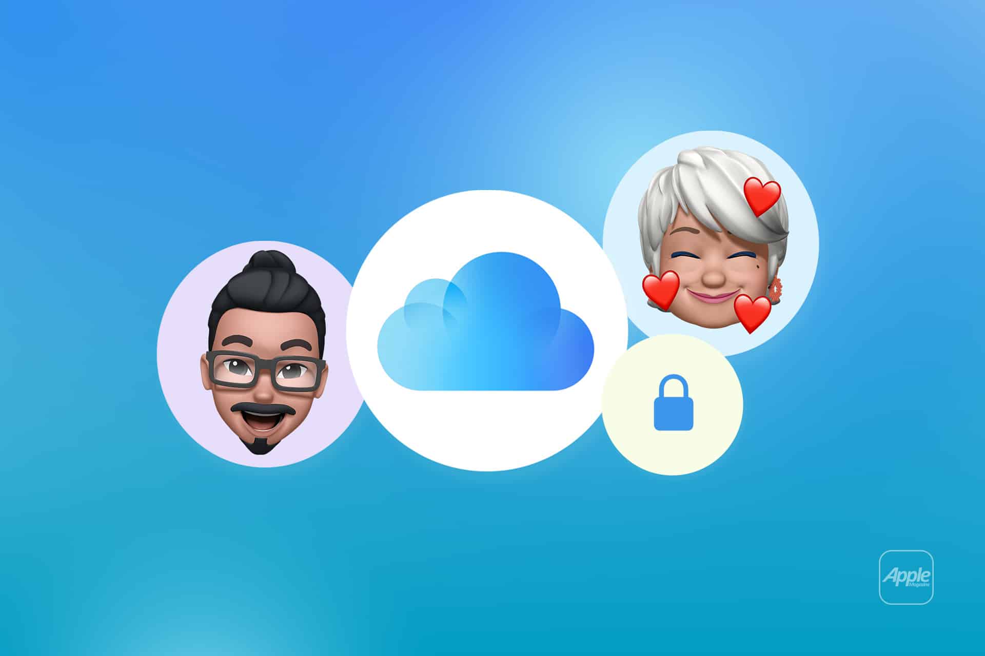 A blue iCloud logo is centered on a gradient blue background, surrounded by cartoon avatars, a padlock icon, and an Apple logo in the corner, representing iCloud shared password security and seamless communication.