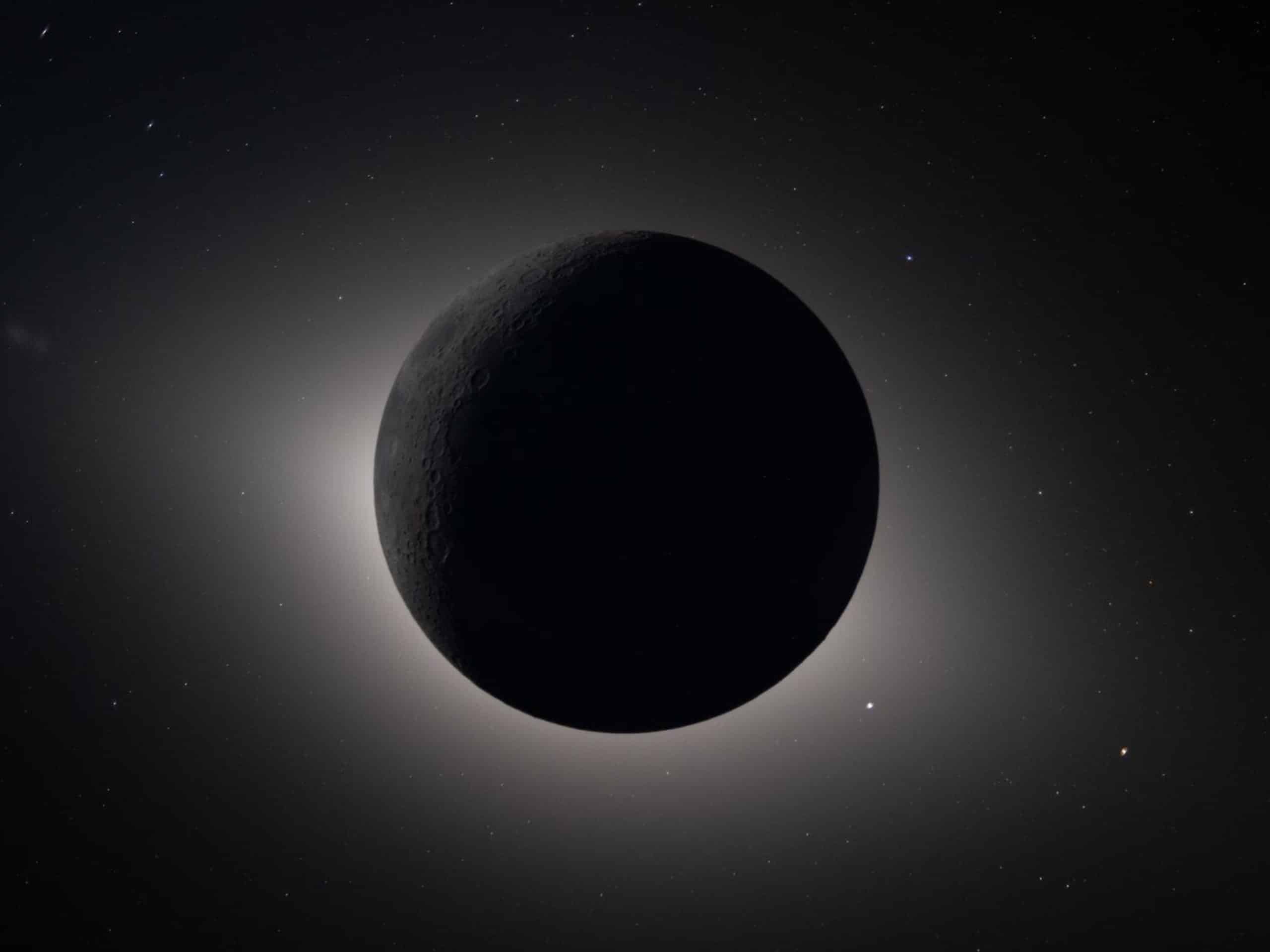 A dark, shadowed planet or moon is illuminated from behind by a bright, glowing light—its halo effect evoking the soft radiance of Apple GPU memory—set against a dazzling, star-filled space background.