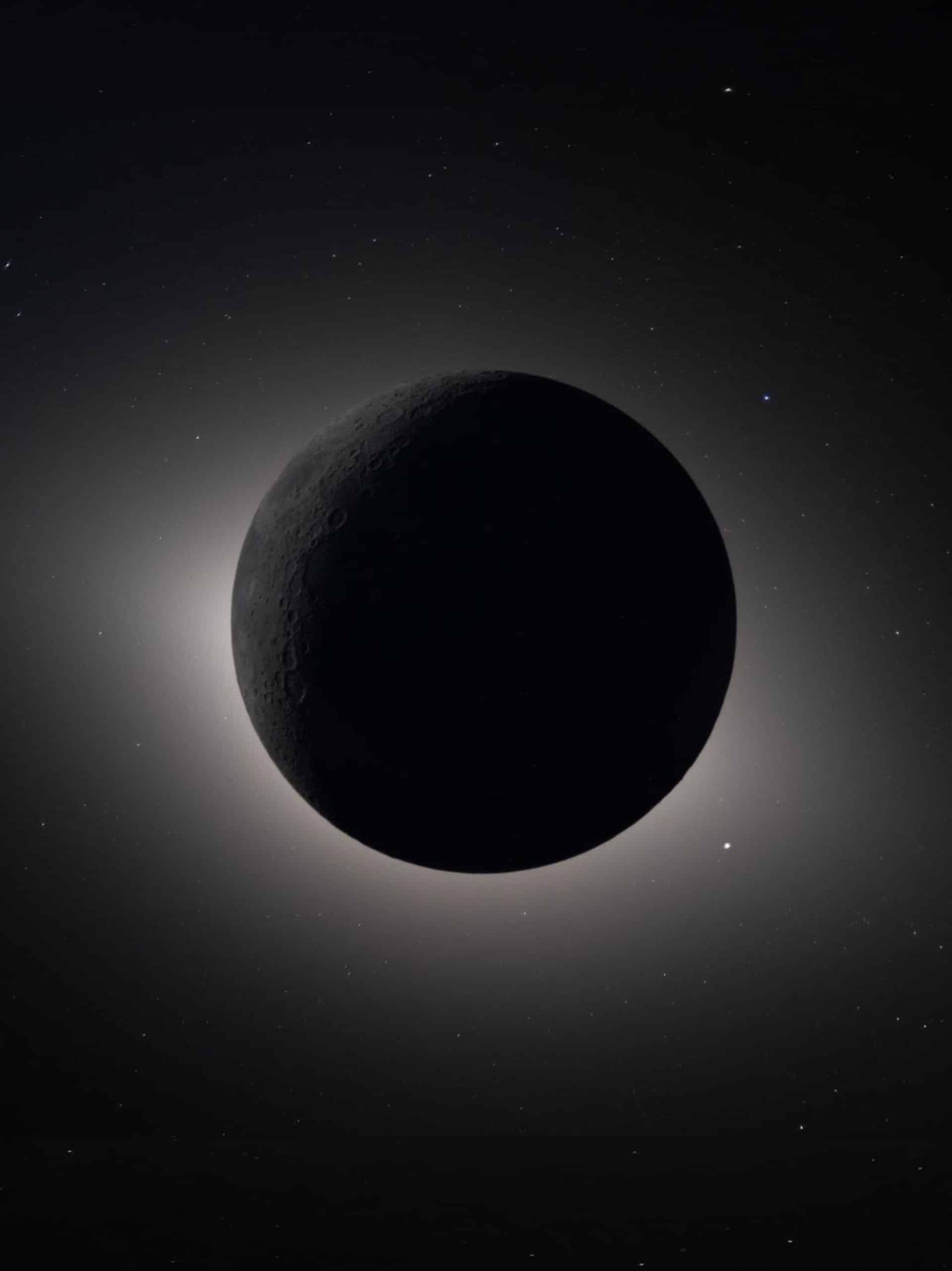 A dark celestial body, possibly the Moon, is backlit by a faint, glowing halo with stars scattered in the background, creating a dramatic silhouette—its sharp edges reminiscent of Apple GPU memory’s crisp graphical renderings.