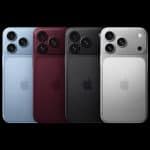 Four iPhones in blue, red, black, and silver are displayed side by side, showcasing their iPhone 18 Pro colors and triple camera setups against a black background with a small Apple logo in the corner.