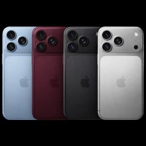 Four iPhones in blue, red, black, and silver are displayed side by side, showcasing their iPhone 18 Pro colors and triple camera setups against a black background with a small Apple logo in the corner.