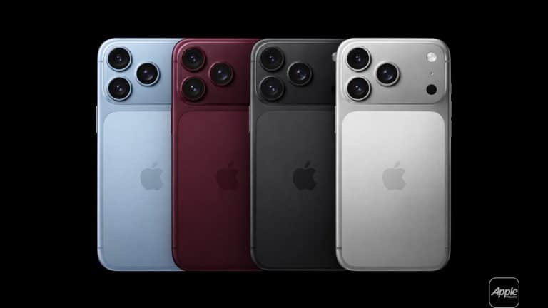 Four iPhones in blue, red, black, and silver are displayed side by side, showcasing their iPhone 18 Pro colors and triple camera setups against a black background with a small Apple logo in the corner.