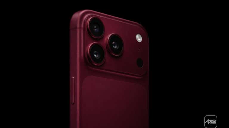 Close-up of a dark red iPhone 18 Pro, highlighting its triple camera setup and flash against a black background. The Apple logo appears in the lower right corner, showcasing one of the striking new iPhone 18 Pro colors.
