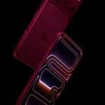 Two sleek, burgundy-colored smartphones highlight the latest iPhone 18 Pro colors against a black background. One showcases a vibrant abstract wallpaper; the other reveals its back with the iconic Apple logo. A small Apple logo sits in the corner.