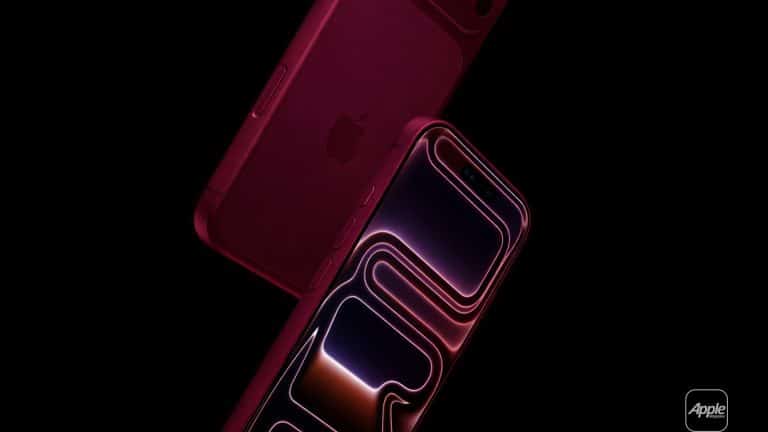 Two sleek, burgundy-colored smartphones highlight the latest iPhone 18 Pro colors against a black background. One showcases a vibrant abstract wallpaper; the other reveals its back with the iconic Apple logo. A small Apple logo sits in the corner.