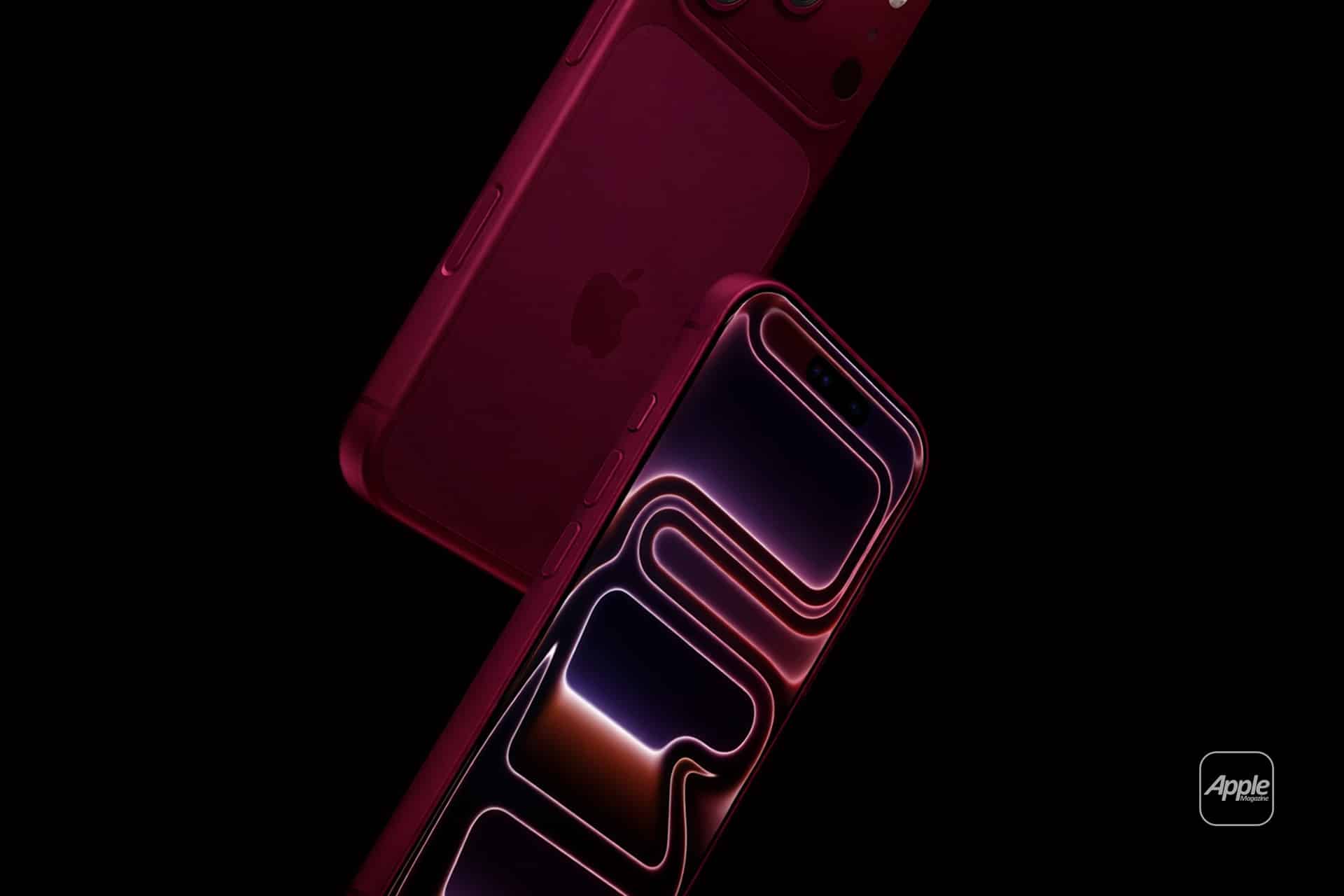 Two sleek, burgundy-colored smartphones highlight the latest iPhone 18 Pro colors against a black background. One showcases a vibrant abstract wallpaper; the other reveals its back with the iconic Apple logo. A small Apple logo sits in the corner.