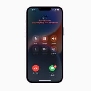 An iPhone Emergency SOS screen displays an emergency call to 911 with a "No Connection" warning and a prompt to "Try Emergency Text via Satellite." Options like mute, keypad, and speaker are visible for quick access during urgent situations.