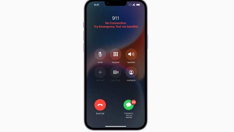 An iPhone Emergency SOS screen displays an emergency call to 911 with a "No Connection" warning and a prompt to "Try Emergency Text via Satellite." Options like mute, keypad, and speaker are visible for quick access during urgent situations.