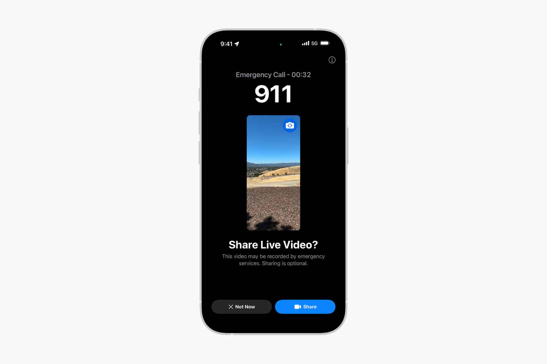 A smartphone screen displays the iPhone Emergency SOS call interface with "911" and a timer. Below, a prompt asks to share live video, showing a small landscape image and two buttons: "Not Now" and "Share.