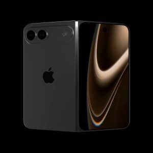 A sleek black iPhone Fold with an Apple logo, featuring dual rear cameras and a front display showing abstract gold and brown swirls, set against a black background.