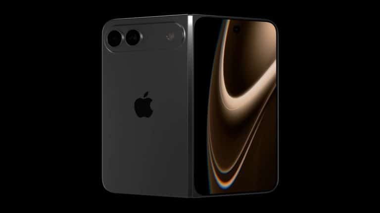 A sleek black iPhone Fold with an Apple logo, featuring dual rear cameras and a front display showing abstract gold and brown swirls, set against a black background.