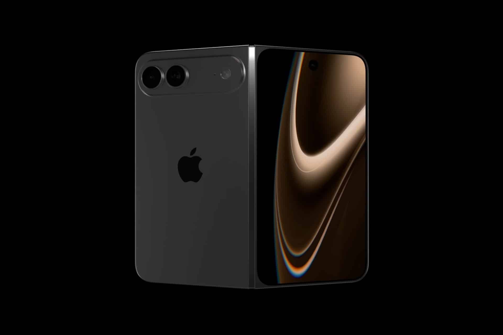 A sleek black iPhone Fold with an Apple logo, featuring dual rear cameras and a front display showing abstract gold and brown swirls, set against a black background.