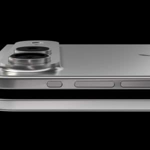 Close-up view of two stacked silver smartphones, resembling the iPhone Fold, showing side buttons and an elevated dual-lens rear camera module against a black background.