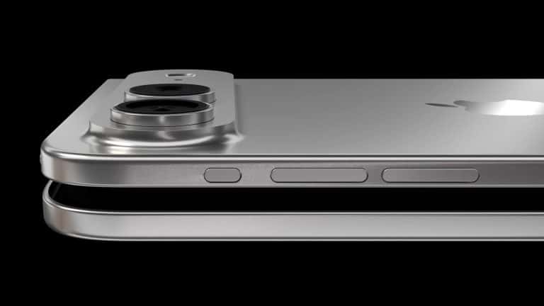 Close-up view of two stacked silver smartphones, resembling the iPhone Fold, showing side buttons and an elevated dual-lens rear camera module against a black background.