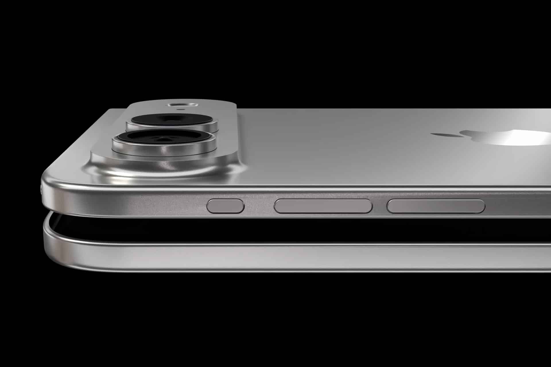Close-up view of two stacked silver smartphones, resembling the iPhone Fold, showing side buttons and an elevated dual-lens rear camera module against a black background.