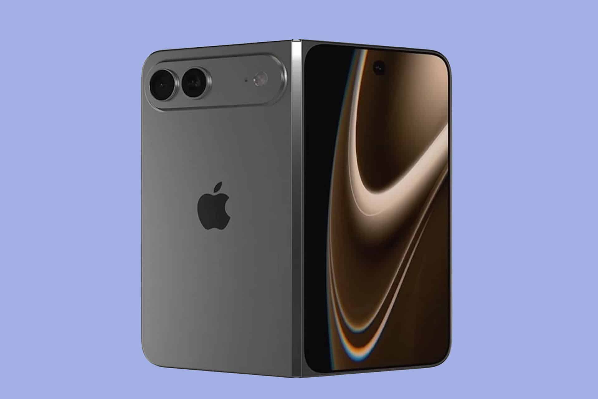 A concept rendering of a foldable iPhone, blending Apple product categories, with a metallic gray finish, dual rear cameras, and a large front display, shown partially folded against a light purple background.