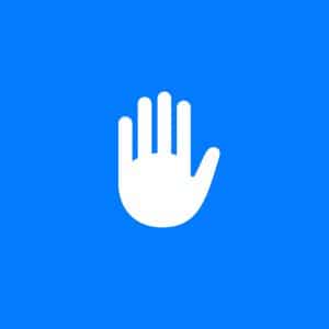 A white hand icon with fingers extended appears centered on a blue background, evoking iPhone Lockdown Mode. In the lower right corner, there is a small, semi-transparent button with the Apple logo and the word "Apple.
