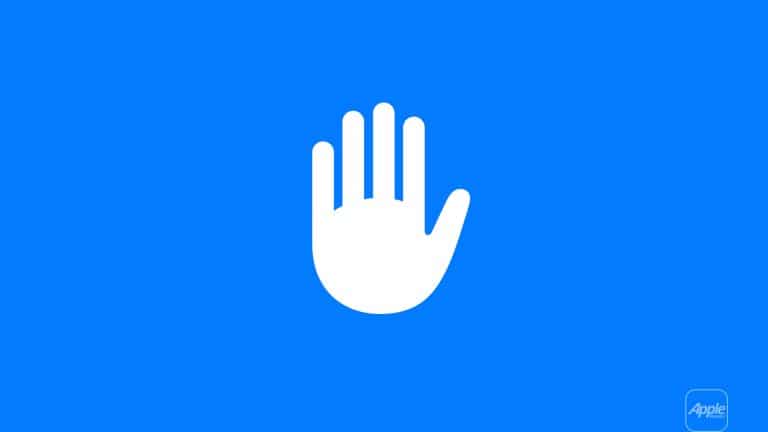 A white hand icon with fingers extended appears centered on a blue background, evoking iPhone Lockdown Mode. In the lower right corner, there is a small, semi-transparent button with the Apple logo and the word "Apple.