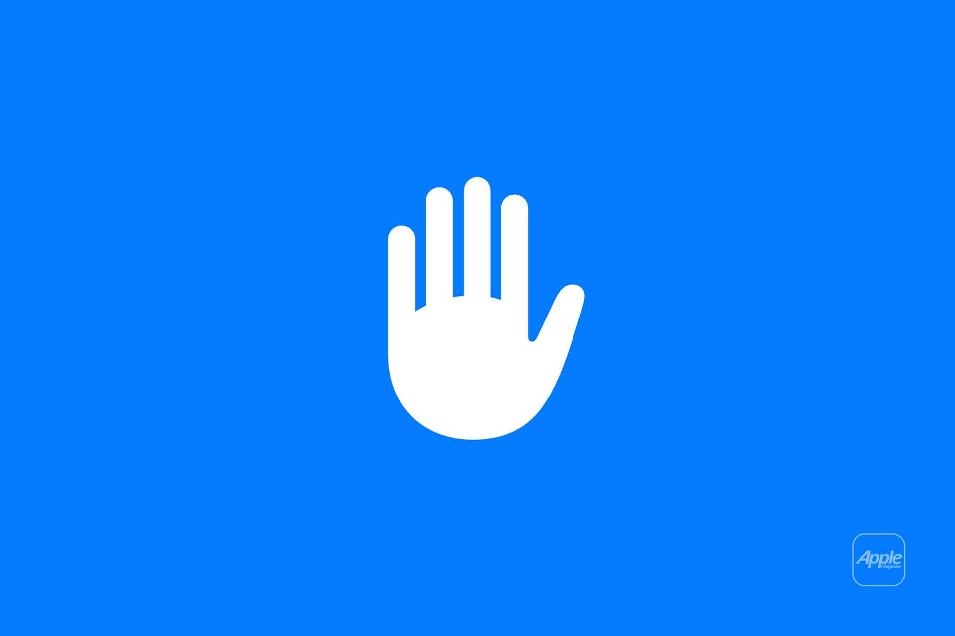 A white hand icon with fingers extended appears centered on a blue background, evoking iPhone Lockdown Mode. In the lower right corner, there is a small, semi-transparent button with the Apple logo and the word "Apple.