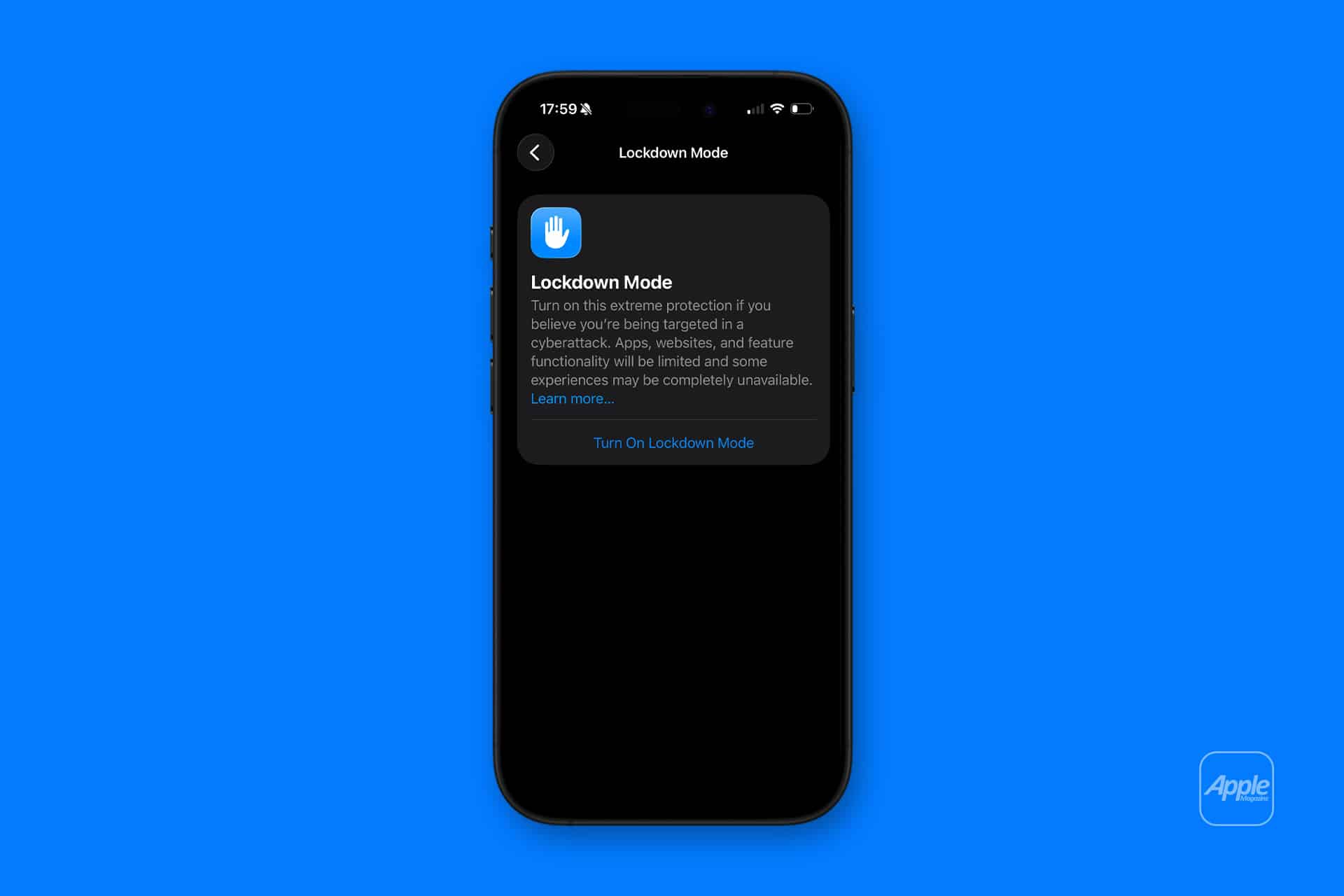An iPhone screen displays the iPhone Lockdown Mode settings page, offering extreme protection against cyberattacks. The bright blue background features a faint Apple logo in the bottom right corner.