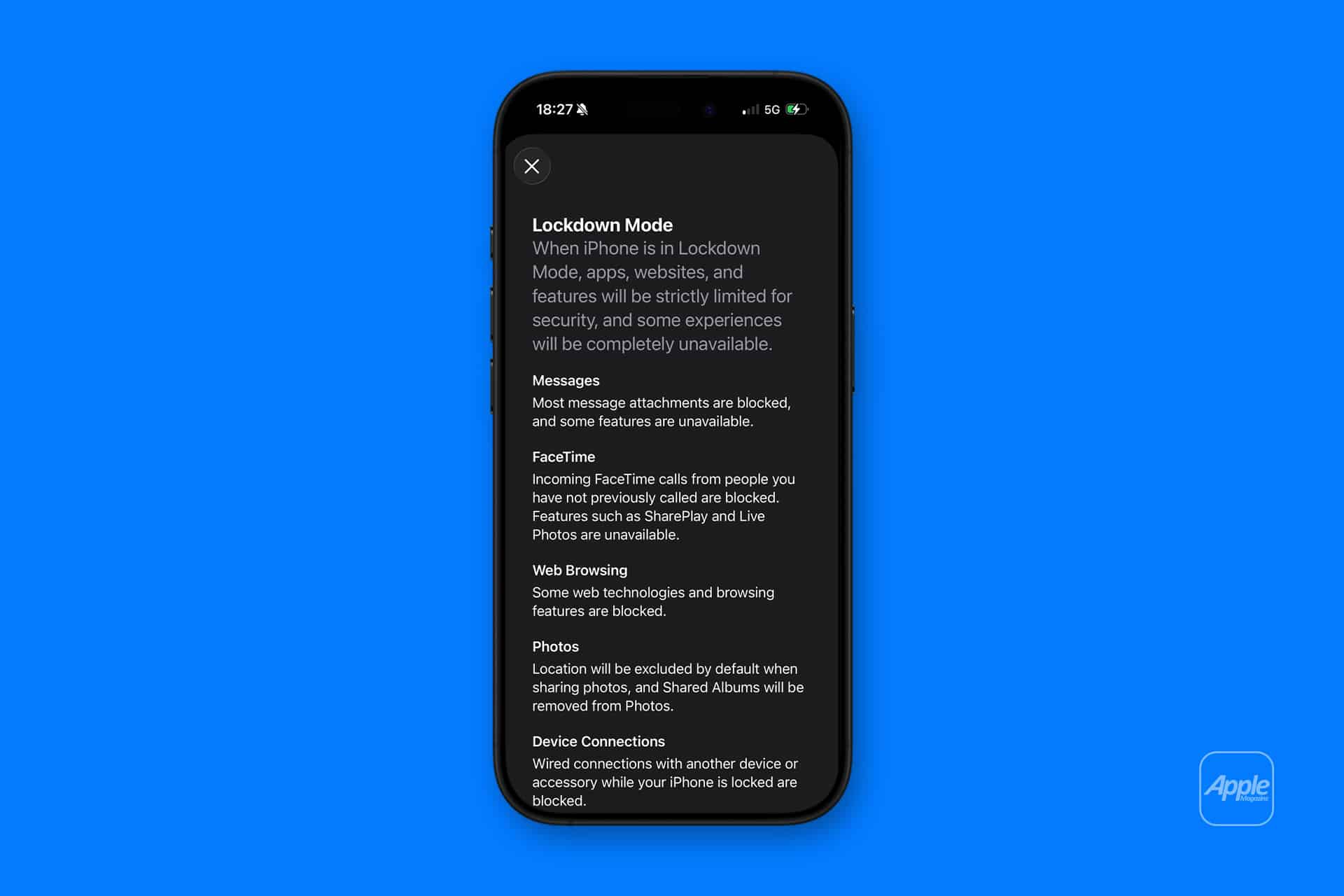 A smartphone displays the iPhone Lockdown Mode settings screen, listing restricted features for Messages, FaceTime, web browsing, Photos, and device connections. The background is solid blue with a small Apple logo in the lower right corner.