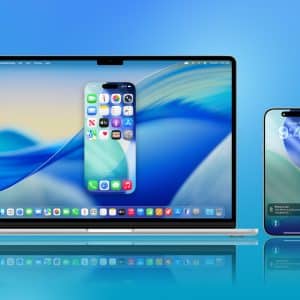 A MacBook and an iPhone are displayed side by side on a blue background, demonstrating iPhone Mirroring as the MacBook screen shows the iPhone's display. The Apple logo appears in the lower right corner.
