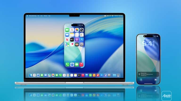 A MacBook and an iPhone are displayed side by side on a blue background, demonstrating iPhone Mirroring as the MacBook screen shows the iPhone's display. The Apple logo appears in the lower right corner.