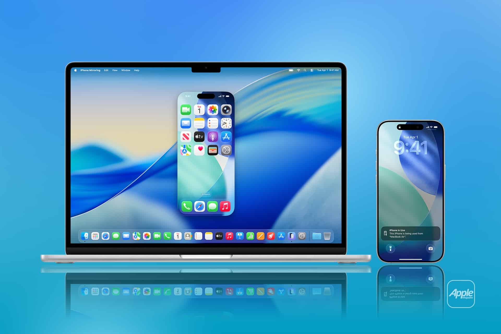 A MacBook and an iPhone are displayed side by side on a blue background, demonstrating iPhone Mirroring as the MacBook screen shows the iPhone's display. The Apple logo appears in the lower right corner.