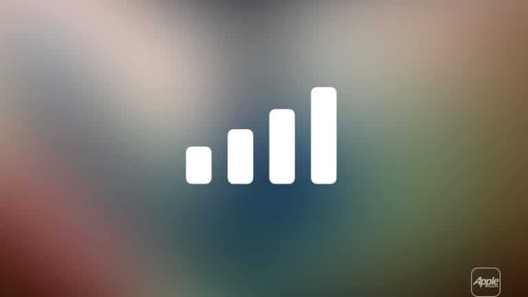 White four-bar signal strength icon centered on a blurred, multicolored background, evoking iPhone mobile data connectivity, with a small Apple logo and the word "Apple" in a rounded box at the bottom right corner.