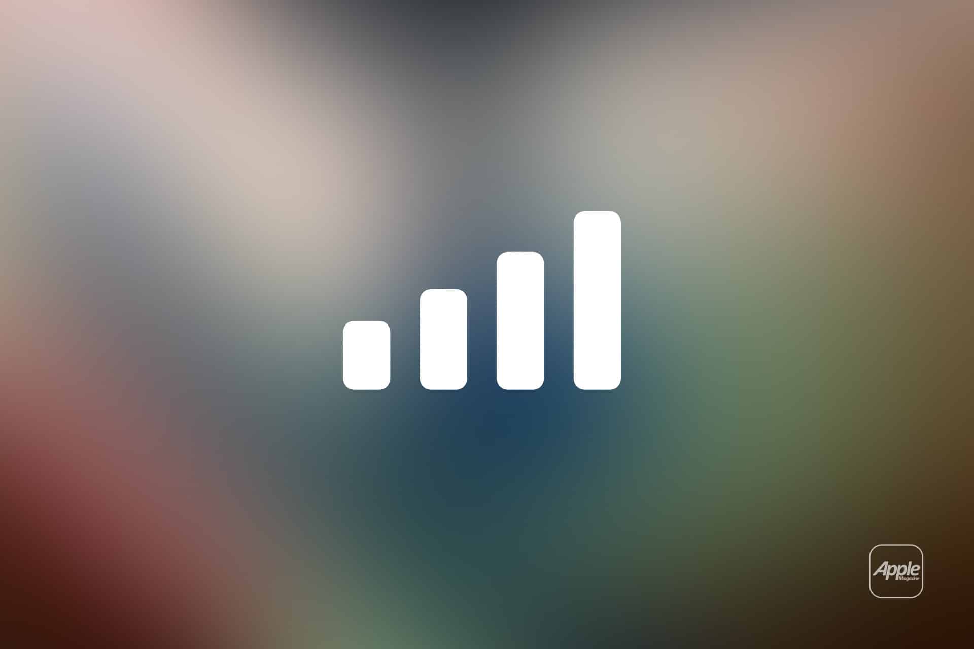 White four-bar signal strength icon centered on a blurred, multicolored background, evoking iPhone mobile data connectivity, with a small Apple logo and the word "Apple" in a rounded box at the bottom right corner.