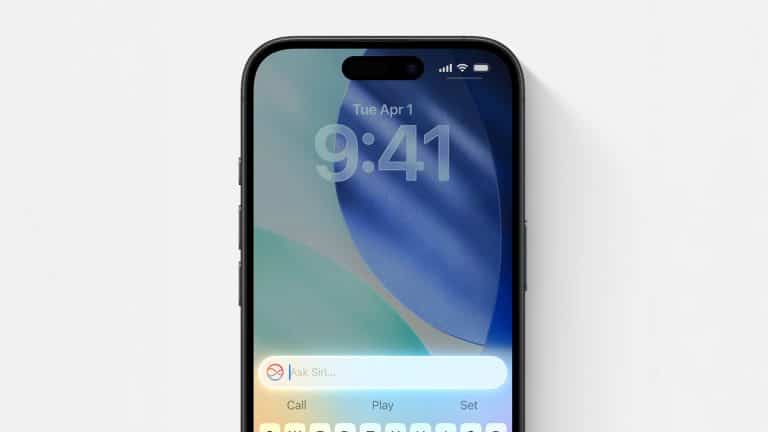 A smartphone with a pastel blue and green abstract wallpaper displays the time as 9:41 and the date as Tuesday, April 1. The screen shows a Siri prompt and a keyboard featuring a predictive text engine at the bottom.