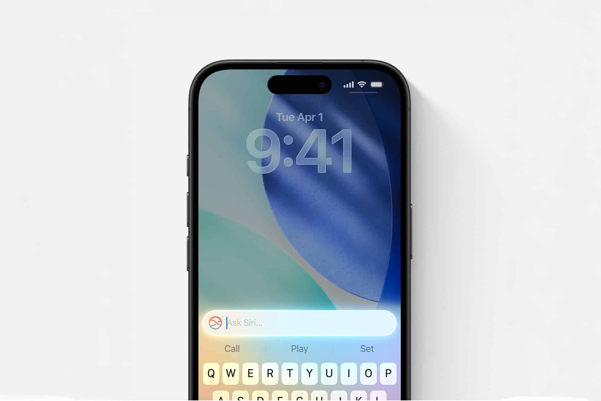 A smartphone with a pastel blue and green abstract wallpaper displays the time as 9:41 and the date as Tuesday, April 1. The screen shows a Siri prompt and a keyboard featuring a predictive text engine at the bottom.