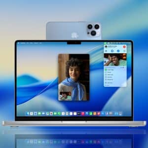 A MacBook displays a FaceTime video call and Messages app on its screen, showcasing Mac Continuity Camera features. An iPhone is positioned behind the MacBook, both set against a blue gradient background with an Apple logo in the corner.