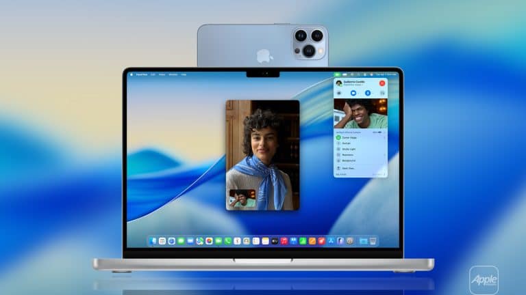 A MacBook displays a FaceTime video call and Messages app on its screen, showcasing Mac Continuity Camera features. An iPhone is positioned behind the MacBook, both set against a blue gradient background with an Apple logo in the corner.