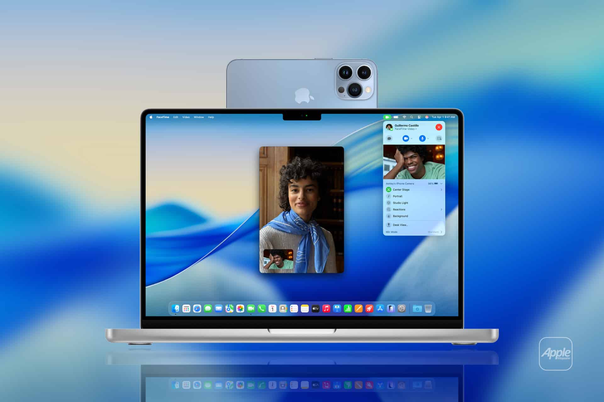 A MacBook displays a FaceTime video call and Messages app on its screen, showcasing Mac Continuity Camera features. An iPhone is positioned behind the MacBook, both set against a blue gradient background with an Apple logo in the corner.