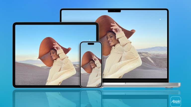 A tablet, smartphone, and laptop display the same image of a smiling person in a large hat and beige outfit, set against a blue gradient background with the Apple logo in the corner—highlighting seamless iCloud syncing across devices.
