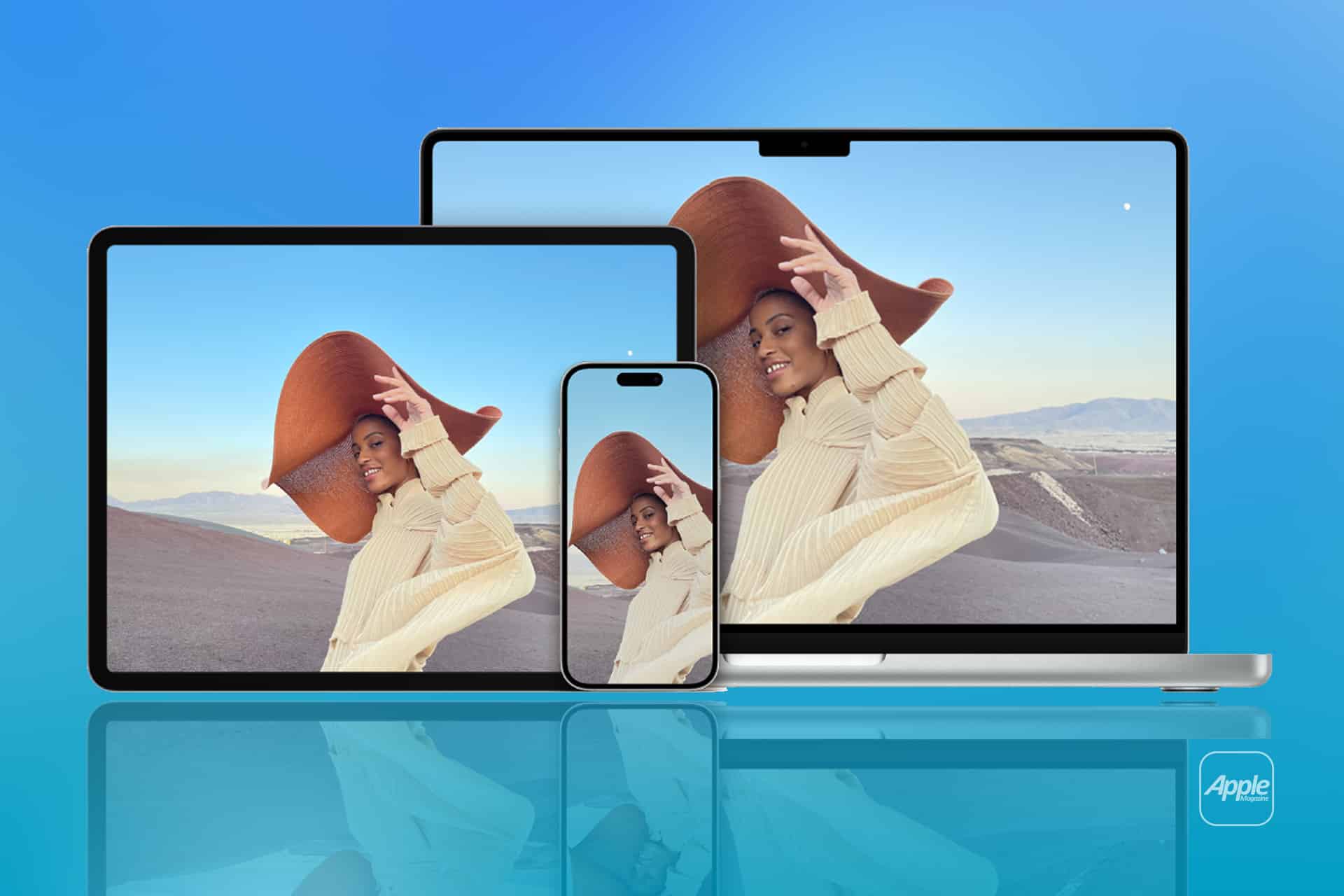 A tablet, smartphone, and laptop display the same image of a smiling person in a large hat and beige outfit, set against a blue gradient background with the Apple logo in the corner—highlighting seamless iCloud syncing across devices.