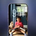 A smartphone screen shows a lock screen with a young child reading beside a stuffed horse. The time is 9:41, the date Tuesday, April 1, and the Apple logo in the corner—an everyday moment captured before iphone data recovery is needed.