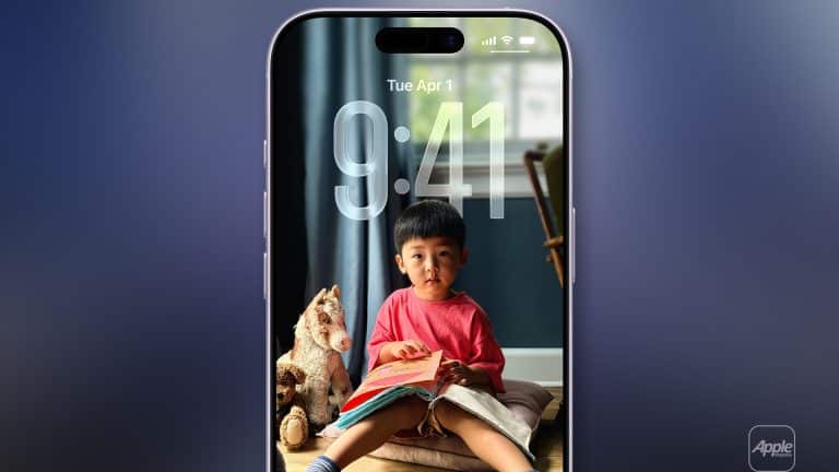 A smartphone screen shows a lock screen with a young child reading beside a stuffed horse. The time is 9:41, the date Tuesday, April 1, and the Apple logo in the corner—an everyday moment captured before iphone data recovery is needed.