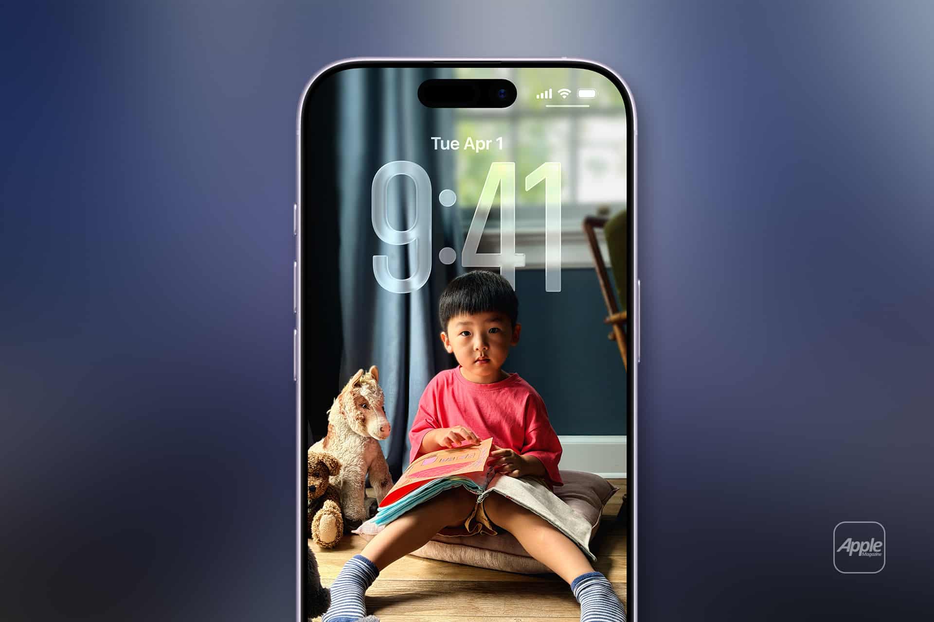 A smartphone screen shows a lock screen with a young child reading beside a stuffed horse. The time is 9:41, the date Tuesday, April 1, and the Apple logo in the corner—an everyday moment captured before iphone data recovery is needed.